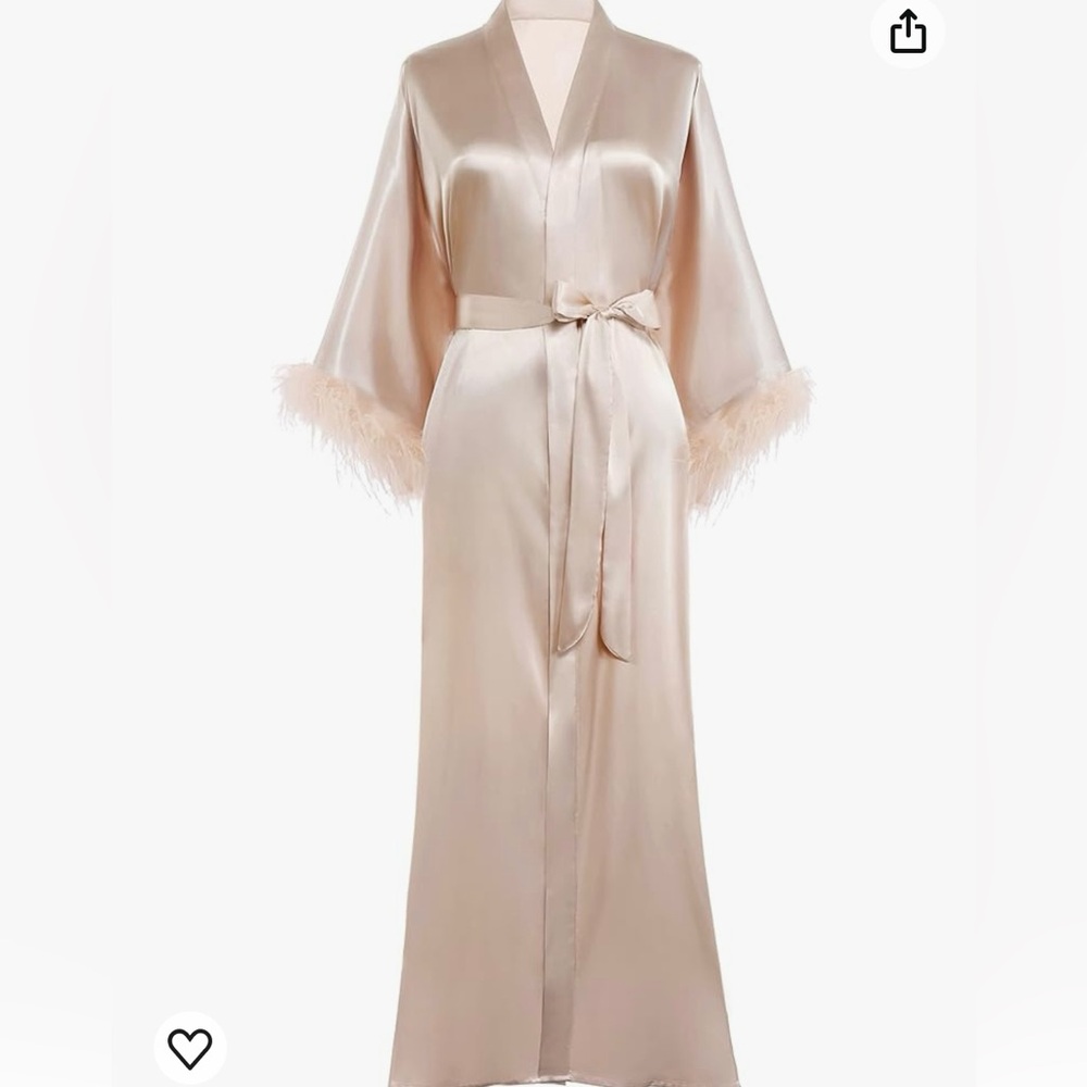 Satin Kimono Robe Long Bath Robe with Ostrich Feather Trim Robe - Picture 4 of 15